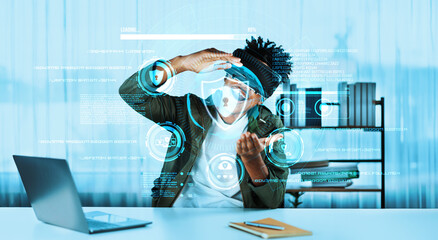 Skilled african man looking at personal data while wearing VR glasses. Person with casual shirt checking and analyzing security protection and accessing firewall protection. Technology. Ingenuity.