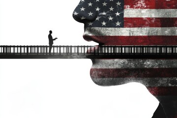 A man s mouth with american flag symbolizing international communication across a bridge