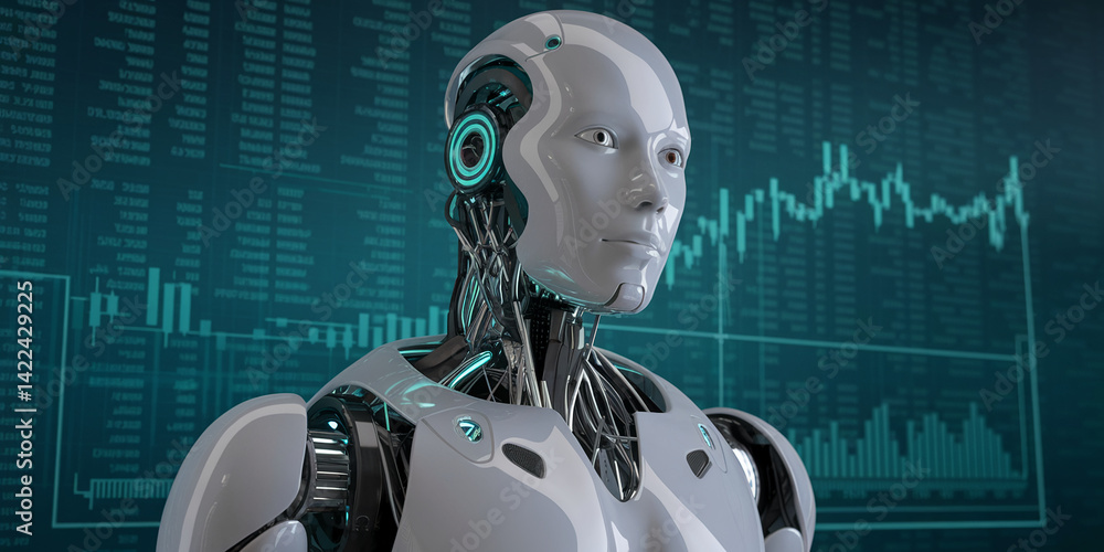 Poster close-up of a humanoid robot against a teal background displaying financial data, showcasing technol