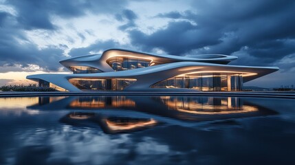 Obraz premium Futuristic, modern, and elegant architectural masterpiece. Dynamic, sculptural house, reflecting in a calm water pool at twilight. Stunning and surreal structure.