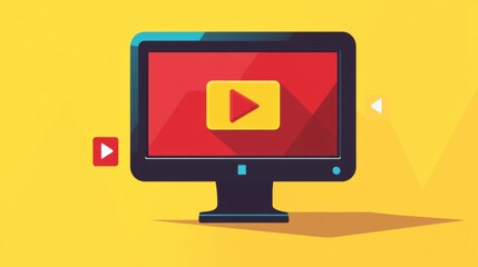  a computer screen with a yellow play button and arrow pointing to a video player icon on a red background