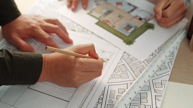 Professional engineer team discussion about house design on meeting table with architectural equipment and building blueprint scatter around at modern office. Focus on hand. Closeup. Delineation.