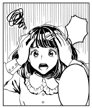 コマ割り漫画風・頭を抱えて困っている女性のイラスト