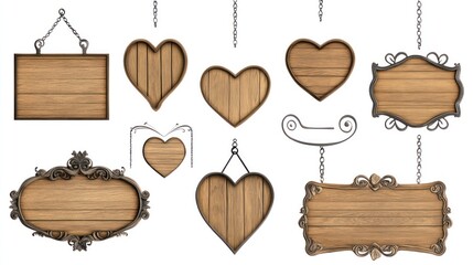 Naklejka premium Wooden hanging signs, various shapes, white background, design element