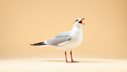 Fototapeta premium The distant cry of a seagull. cute, pastel, no shadow , isolated on a beige background, ultra realistic photography with soft studio lighting.