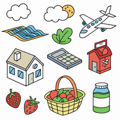 Naklejka premium Cute cartoon stickers, colorful doodle icons, travel and farm elements