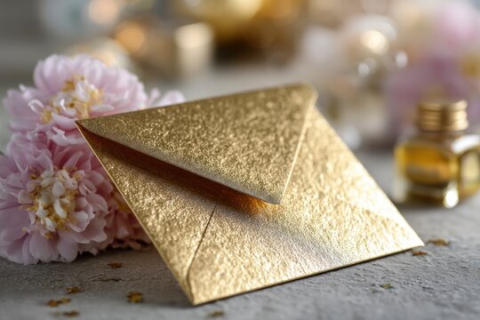 Elegant Gold Envelope with Delicate Pink Flowers: A Luxurious Still Life
