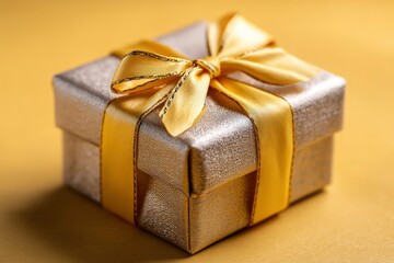 Elegant Silver Gift Box with Golden Bow: A Luxurious Festive Image