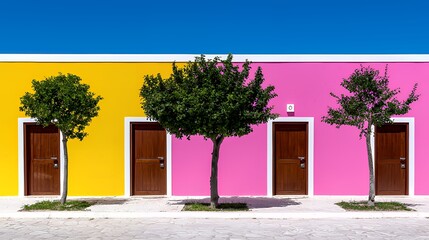Fototapeta premium Colorful buildings with doors and trees under a clear blue sky
