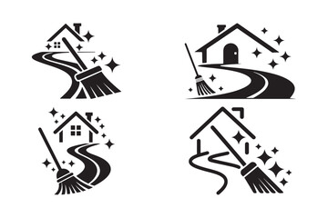House Cleaning Logo Icons Broom, Sparkle Pathway, Sanitation Service Vector Symbols