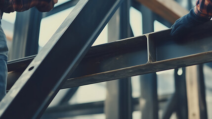 Workers Assembling Steel Beams in Construction