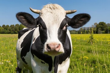 Majestic close-up of a black and white holstein cow standing in a vibrant green pasture, capturing the beauty of rural farm life on a sunny day with a clear blue sky in the background