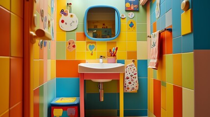 A child's colorful bathroom with a small sink, fun mirror stickers, and a step stool in front for accessibility 