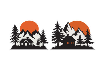 Mountain Cabin Sunset Vector Wilderness Nature Landscape Illustration
