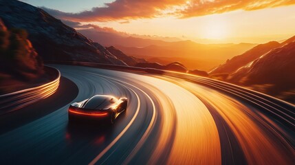Futuristic vehicle on a winding mountain road at sunset.