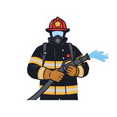 Brave Firefighter in Uniform Using Hose to Extinguish Fire