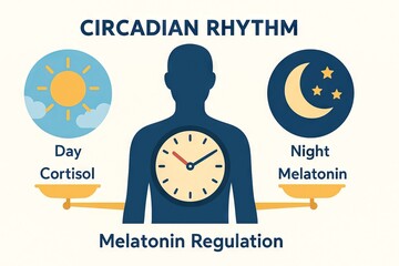 Circadian rhythm regulation with cortisol and melatonin cycle illustrated by day and night balance in human body. Isolated on white background. graphic of biological processes. Concept of sleep cycle