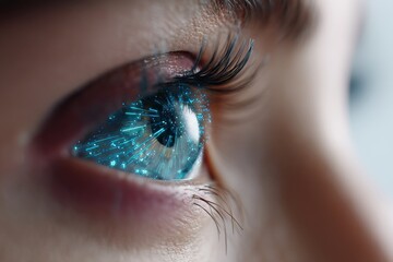 Futuristic close up of a woman s eye with glowing blue patterns and data flowing in cyberpunk style