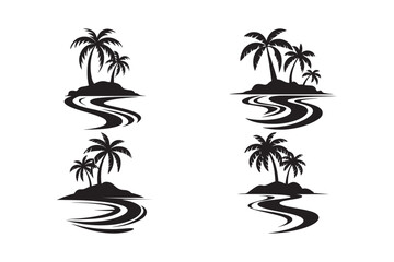 Tropical Island Palm Tree Silhouette Icons with Beach Waves Vector Art Collection
