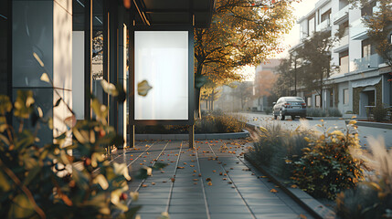 Empty vertical advertising billboard mockup at a city bus stop shelter on an autumn street with fallen leaves, providing blank template space for outdoor ads or public information display needs.

