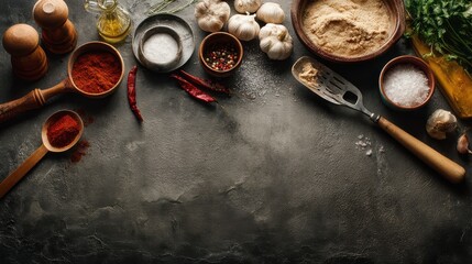 Overhead view of various spices, herbs, and cooking tools arranged on a dark-colored surface.  A culinary still life.