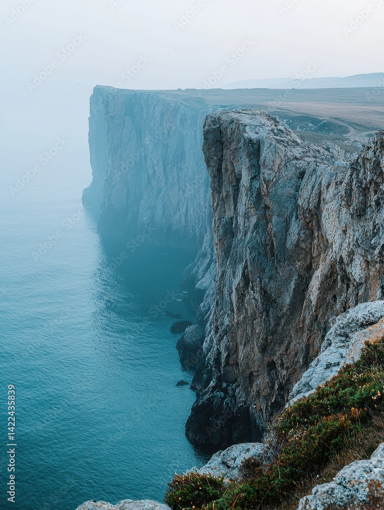 Poster Giant cliffs rise majestically from the icelandic coast at dawn enveloped in mist and fog near the tranquil sea creating a serene and mysterious atmosphere