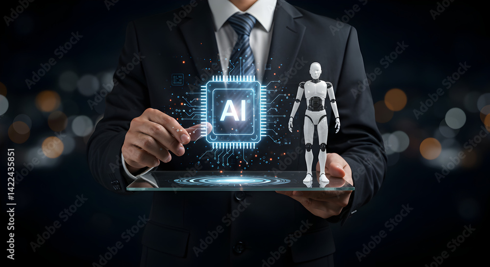 Aufkleber man holding a tablet with ai chip and robot figure in front of a blurred background at night time