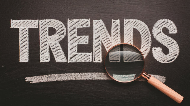 Chalkboard with the word TRENDS written in textured white chalk, a magnifying glass rests nearby symbolizing trend analysis and research