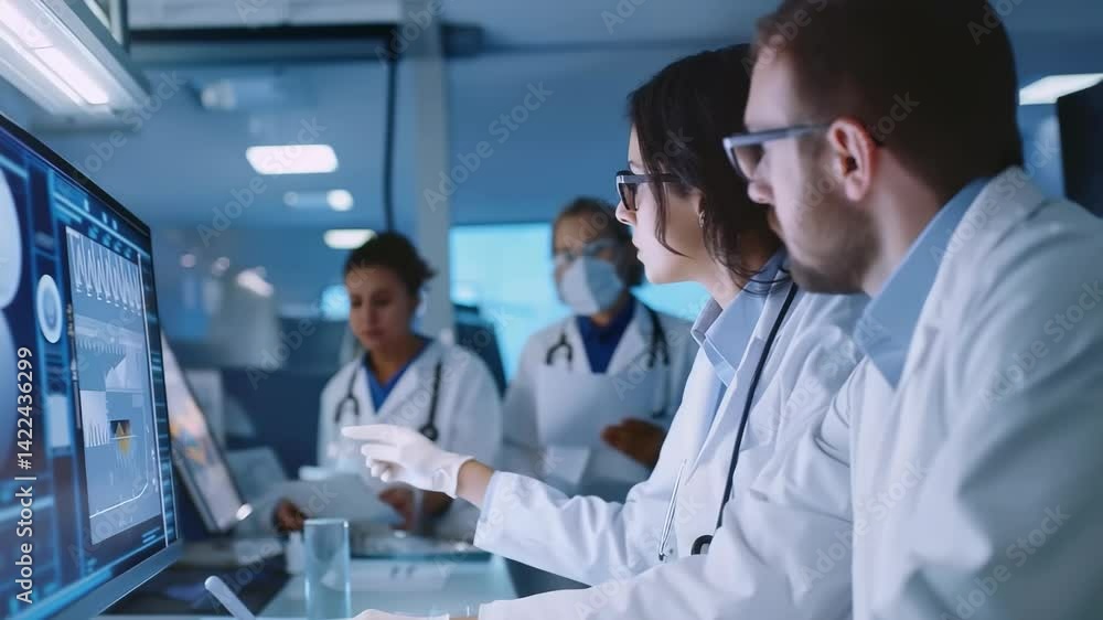 Aufkleber A team of scientists in lab coats examines data on a computer screen in a modern laboratory. They are collaborating on scientific research, using technology to analyze results and advance knowledge.