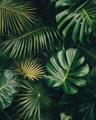 Lush tropical foliage display of various vibrant green leaves.