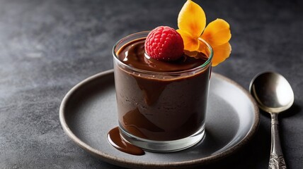 Supangle dessert on gray background. A chocolate pudding with a semi-solid, semi-liquid consistency.