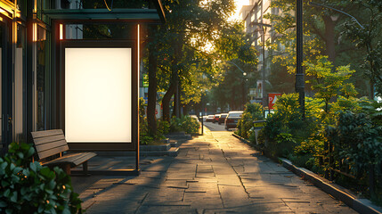Blank vertical advertising lightbox mockup on a sunny city sidewalk next to lush green trees and a bus stop shelter, perfect for outdoor marketing campaigns and public announcements display template.
