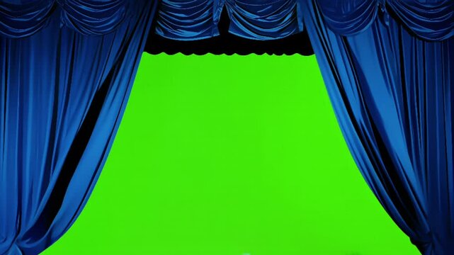 blue curtain closed with green screen background, concept for the ending