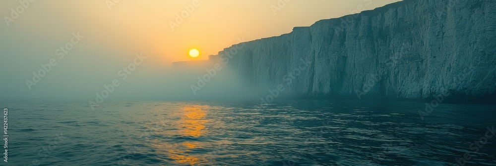 Poster gigantic cliffs rise majestically from the sea as dawn breaks enveloped in mist and fog with the sun
