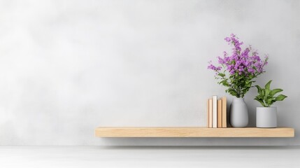Minimalist wooden shelf with purple flowers