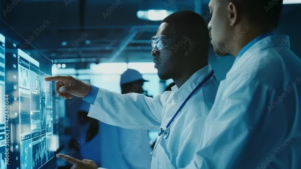 Aufkleber Two scientists in lab coats and safety glasses are examining data displayed on a large, advanced digital screen. They appear to be collaborating on research in a high-tech laboratory setting.