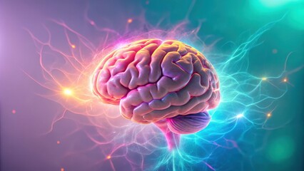 Computational Neuroscience Brain Modeling Vibrant, artistic depiction of a human brain surrounded by colorful energy lines.