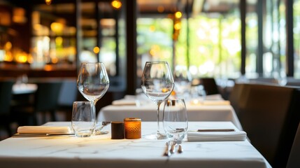 Empty restaurant tables set for a meal.