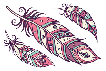 10 Colorful ornate feathers, intricate patterns, vibrant hues, rainbow colors, detailed illustrations, whimsical design, tribal inspired, bohemian style, decorative plumage, artistic feather collectio