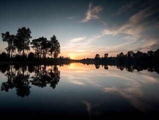 Serene lake mirroring twilight sky and silhouette of woodland at sundown