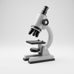 Modern stylized 3D render of a microscope. Essential equipment for science, research, laboratory work, biology, chemistry, and education. Isolated on a white background.