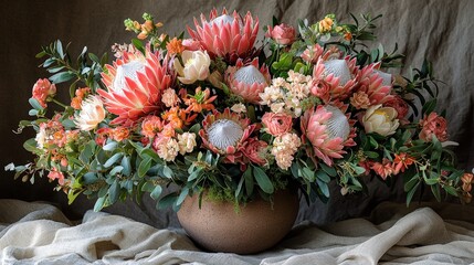 Elegant arrangement of pink protea and orange blooms in a natural brown vase