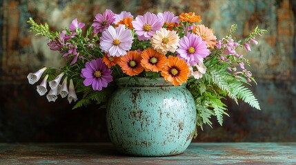 Rustic floral arrangement in antique vase with vibrant cosmos and ferns