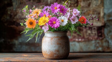 Rustic vase with vibrant cosmos flowers on a wooden table