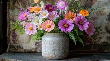 Vibrant cosmos flowers in rustic vase against vintage background