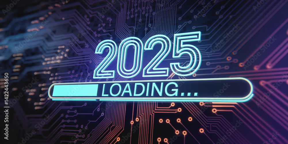Poster neon 2025 loading bar on a circuit board background, symbolizing technological advancement and antic