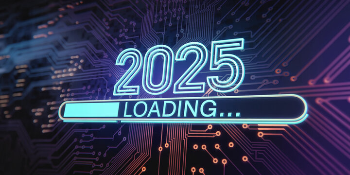 Neon 2025 loading bar on a circuit board background, symbolizing technological advancement and anticipation for the new year, perfect for futuristic or tech concepts