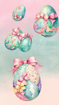 vertical video flying easter eggs in pastel colors in illustration style on light multicolored background