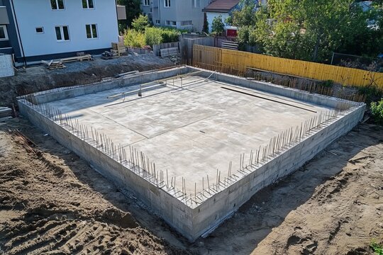 Aerial view of new concrete foundation frame for urban apartment building under construction