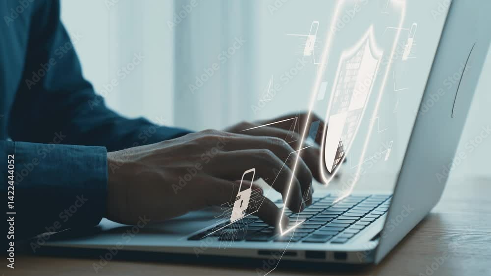 Poster hands of a person typing on a laptop keyboard with digital security icon and data layers for technol